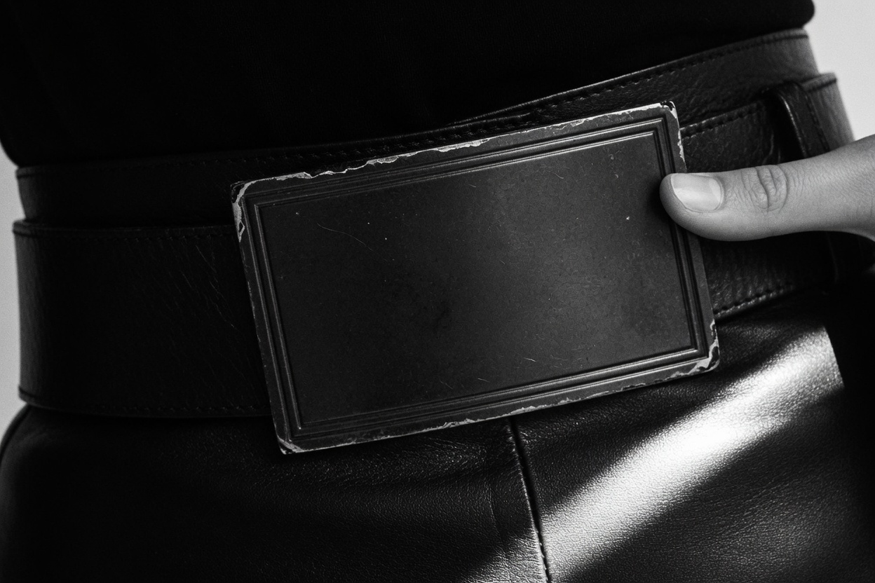 Black leather pants and a blank blackened-steel plate on the belt, a thumb at the right edge