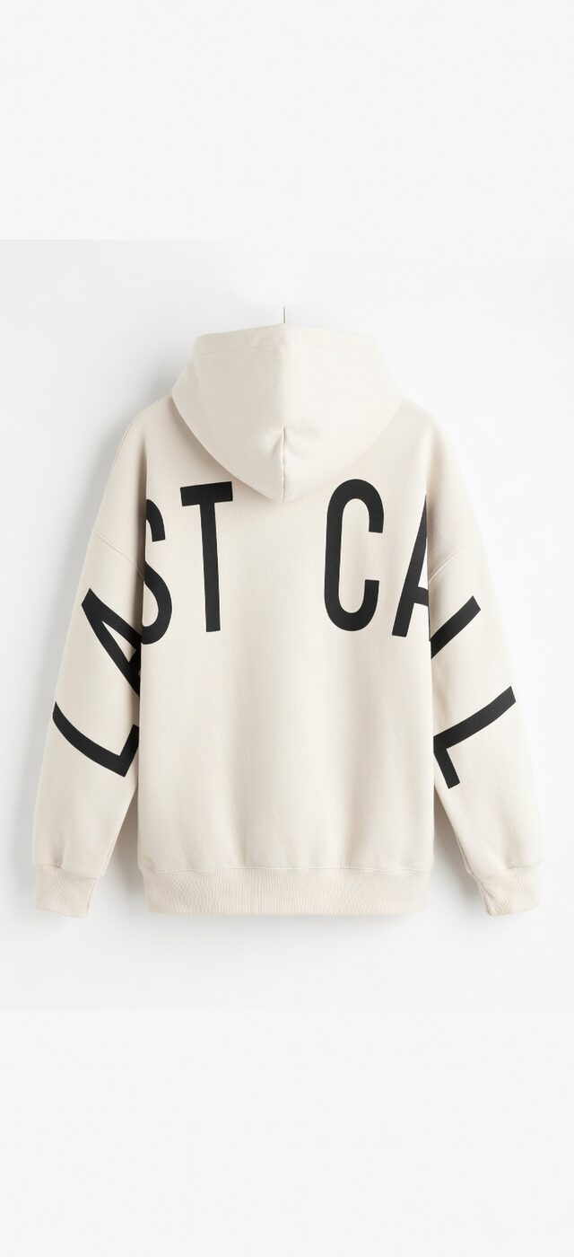 LAST CALL across the back of a cream hoodie, on a hanger